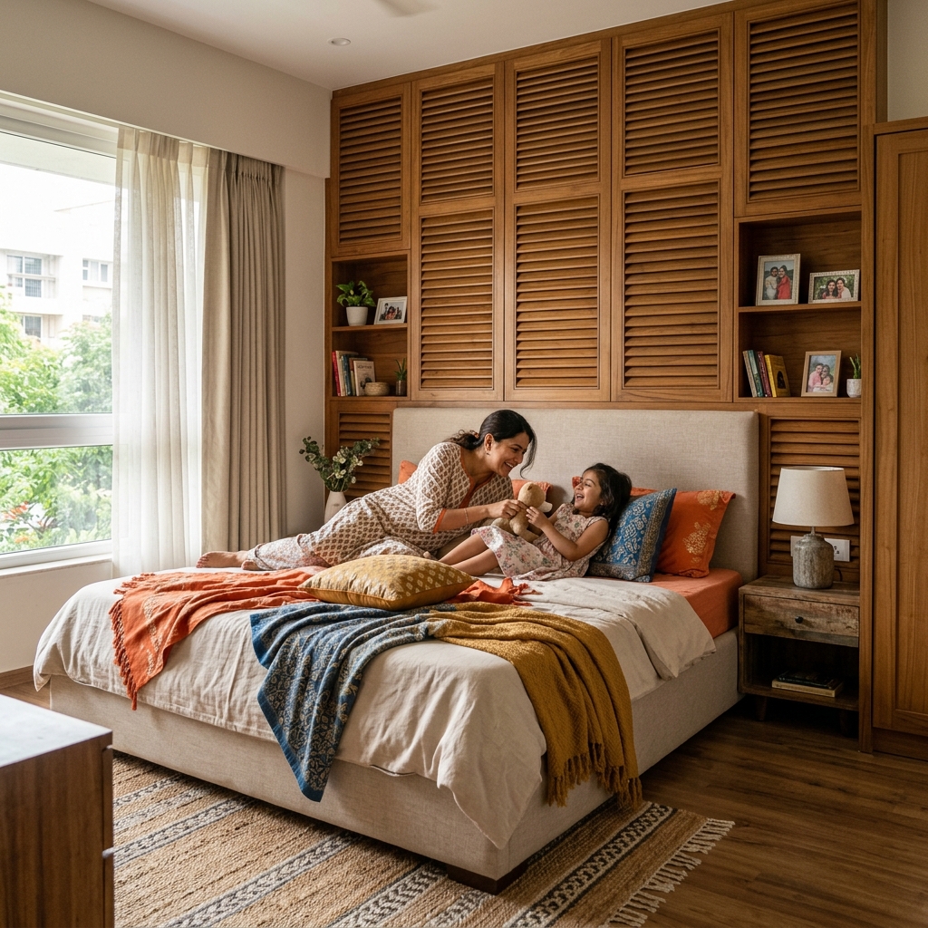 Bedroom with Wood Louvers
